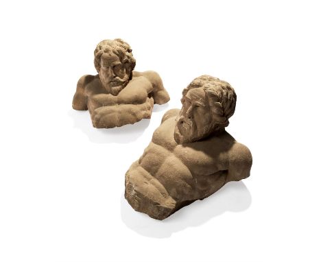 Two Northern European sandstone busts or terms of mythical giants, follower of Jan Pieter van Baurscheit, late 17th or 18th c