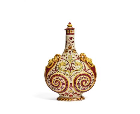 A Cantigali Hispano-Moresque vase, circa 1890, in the shape of a powder flask and with a small lid, the handles formed as gro