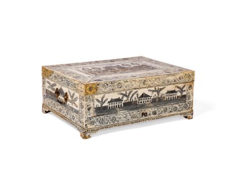 Y  A fine Vizagapatam ivory veneered, lac heightened and sandalwood work box, circa 1780, of rectangular form, the hinged cov