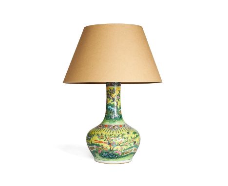 A Famille Jaune Vase, mounted as a lamp, 34cm high