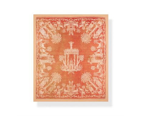 A Victorian silk panel in Indian taste, mid-19th century, with a central architectural design within a border of figures and 