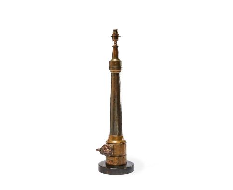 A brass firehose nozzle by John Morris & Sons refitted as a table lamp, mid-20th century and later, variously stamped with ma