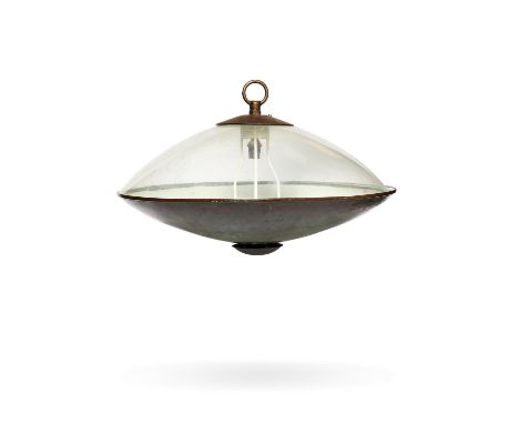 A copper and glazed ceiling light, mid-20th century, of domed circular form, with white enamelled interior, 65cm diameter, 50