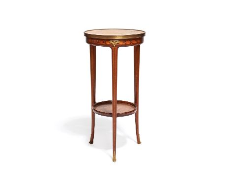 Y A French walnut, burr walnut, satinwood, and mother-of-pearl inlaid etagere, late 19th century, in the manner of Louis Majo