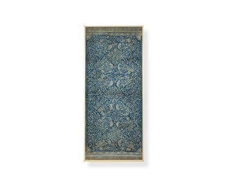 An Indonesian Batik, circa 1940, Indigo cotton decorated with birds and calligraphy the Batik work 207 x 89cm, the frame 211 