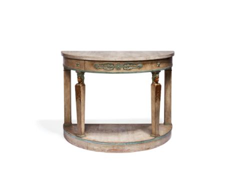 A painted and parcel giltwood console table in Empire style, mid-20th century, of semi-elliptical outline, the top above a bl