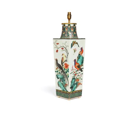 A large Chinese Famille Verte lamp, 20th century, brightly enamelled with exotic birds on the four sides, the vase 56cm high,