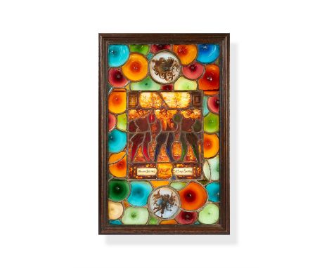 A Swiss stained and leaded glass figural panel, possibly Bern, the central panel dated 1607 and with later elements, depictin