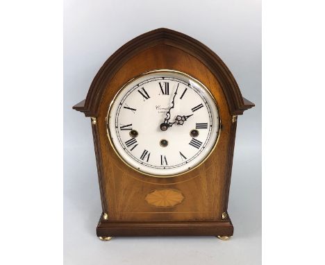 Comitti London Mantle clock with Edwardian style inlay, key and chimes approx 31cm tall with Roman numerals and Franz Hermle 