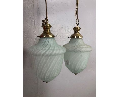 Pair of modern antique style hanging or drop lights with opaque swirl glass lantern shades 