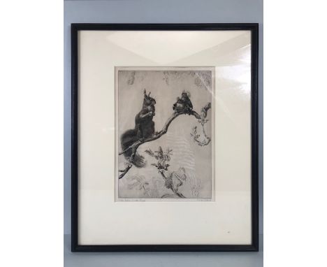 Antique Etching of a squirrel titled 'Babes in the Wood', signed in pencil S R Brightwood, framed and glazed, approximately 4