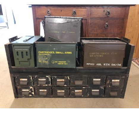 Vintage industrial set of 12 pigeon hole metal workshop drawers, approximately 91 x 30cm, and six metal ammunition boxes 