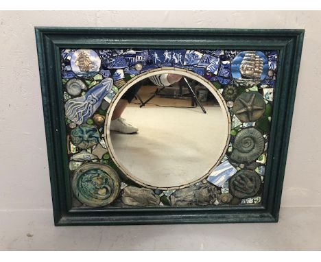 Decorative studio framed mirror , the base board made from a collage of pottery glass and fossils, Dynamic Ceramic studio 199