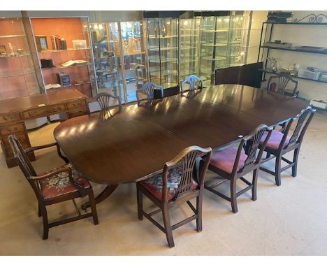 Antique Furniture,  Mahogany three pedestal,  5 leaf boardroom dining table and 6 Chippendale style shield back chairs,with 2