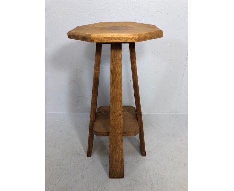 Light Oak Arts and Crafts octagonal side table with shelf under approx 68cm tall