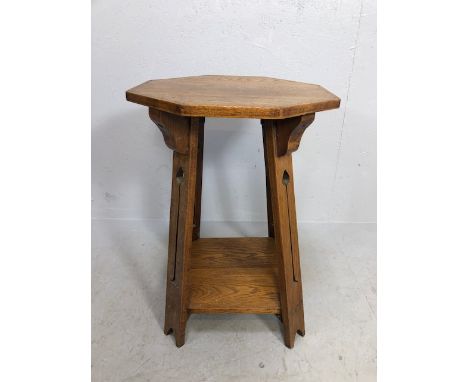 Octagonal Arts & Crafts design occasional table with fine inlay, shelf under with splayed legs and classic tulip shape cut ou