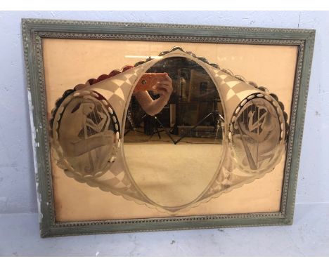 Art deco peach glass mirror with an etched design of two muses playing harps, in a painted grey frame approximately 67 x 52 c