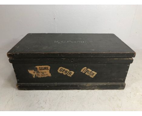 Antique furniture, 19th Century steamer or travel trunk of painted hard wood with Iron hinges, still remains of travel labels