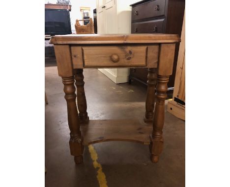 Pine console table with single drawer on turned legs with shelf under approx 77cm tall