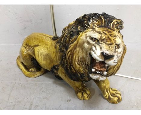 Mid Century Retro, large ceramic snarling lion lamp base with tall anodised metal bulb holder approximately 46 x 54 cm 