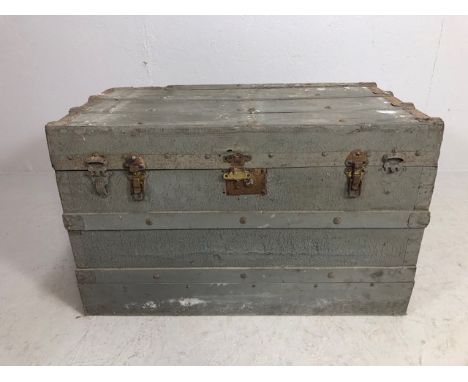 Antique wooden travel trunk, grey painted cloth and slat bound with rope side handles, removable inner tray  approximately 84