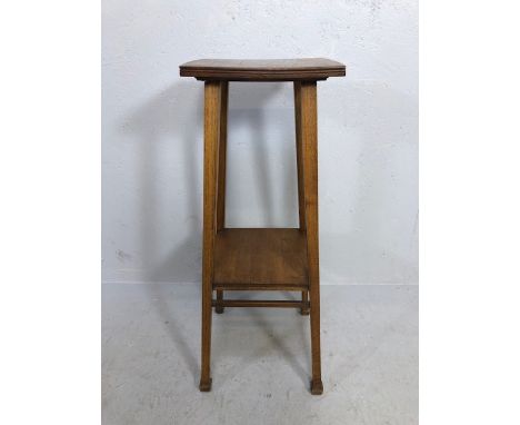 Arts and crafts side table of square form with shelf and rail under approx 78cm tall