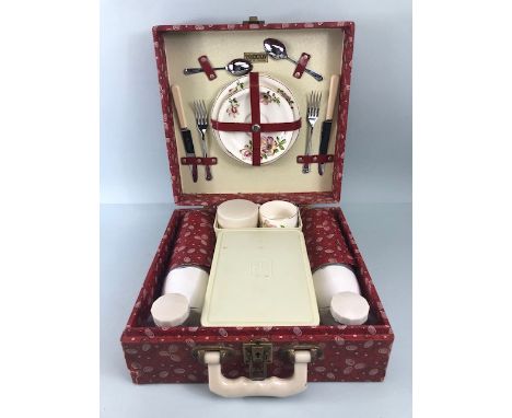 Mid century vintage Picnic set for two buy Brexton Ltd, fabric covered hard case, containing china plates, thermos flasks kni