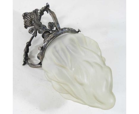 An Art Deco pendant ceiling light, with scrolled decoration and an opaque glass shade30cm high overallCondition report: Looks