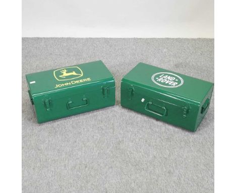 A Land Rover painted metal toolbox, together with a John Deere toolboxeach 45w x 26d x 20h cm