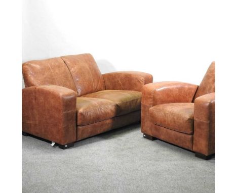 A modern Art Deco style brown leather upholstered sofa, together with a matching armchair and footstool (3)Sofa 160w x 90d x 