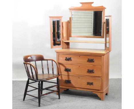 An Edwardian satin walnut dressing chest, 91cm, together with a late Victorian oak desk chair91w x 43d x 166h cmCondition rep