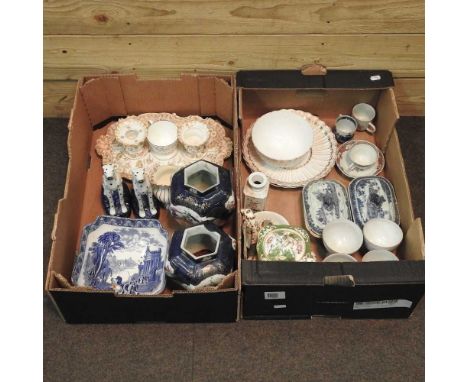 A 19th century Coalport style porcelain teapot, together with a pair of 18th century Chinese blue and white sauce tureens, a 