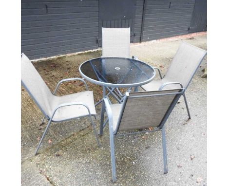A glass top circular garden table, 106cm, together with a set of four matching armchairs