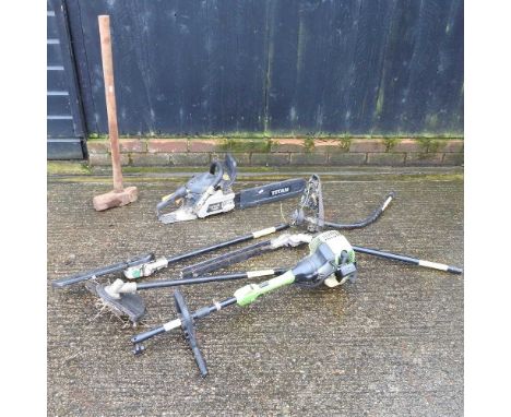 A collection of garden tools, to include a petrol chainsaw, strimmer, hedge trimmer and sledge hammer