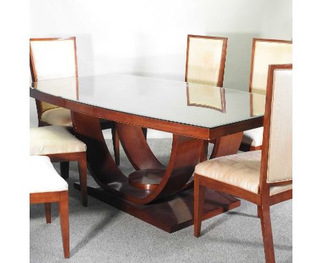 A modern Art Deco style cherrywood dining table, 210 x 104cm, with a shaped base, together with a set of six matching high ba