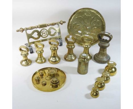 A collection of 19th century brass weights, the largest stamped Goodman Bros, Cardiff, 21cm high, together with various other