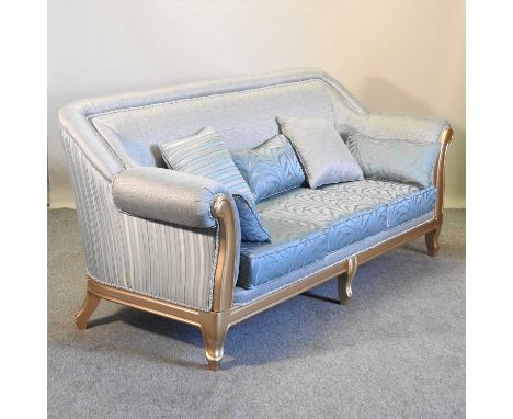 A gilt framed and pale blue upholstered sofa222w x 82d x 96h cm