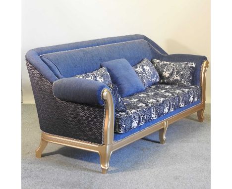 A modern gilt framed and blue upholstered sofa222w x 82d x 96h cm