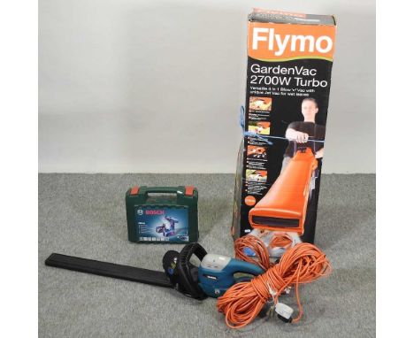A collection of garden tools, to include a Bosch driver, garden vacuum and electric hedge cutter