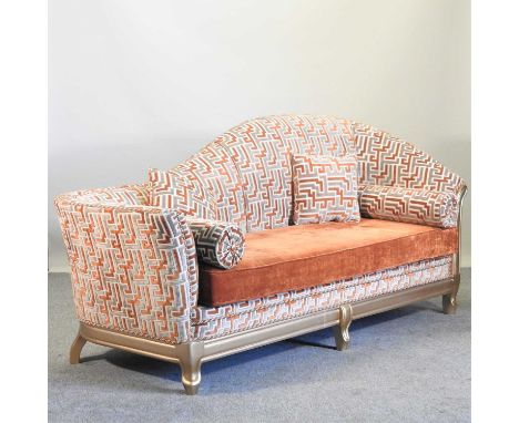 A gilt framed and geometric design upholstered sofa, with a shaped back214w x 82d x 104h cm