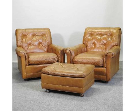 A pair of tan leather upholstered armchairs, with button backs, together with a matching stool (3)Each chair 90w x 90d x 85h 