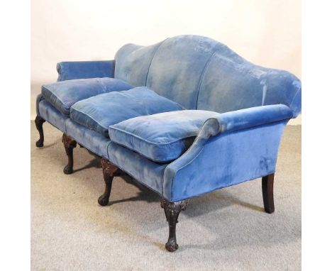 A Chippendale style blue upholstered sofa, 20th century, upholstered in blue, on cabriole legs198w x 80d x 90h cm