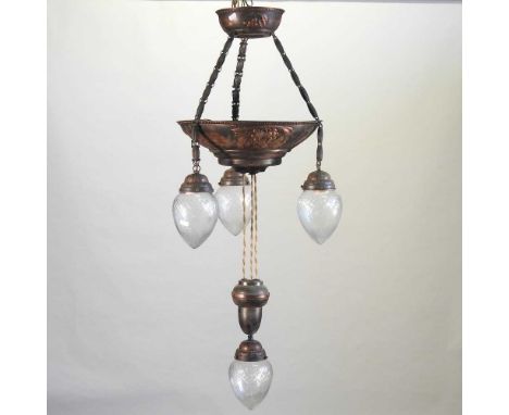 An ornate early 20th century gilt metal pendant ceiling light, suspended with four glass shades110cm high overall
