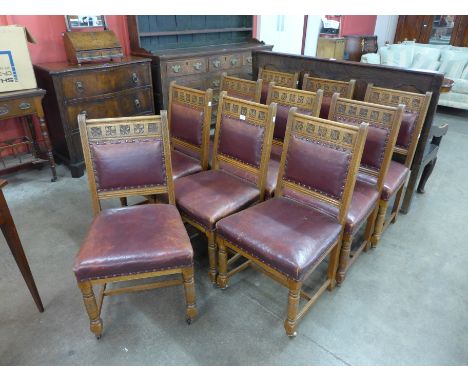 A set of ten Victorian oak and leather dining chairs, made by Plunknett &amp; Steevens, Warwick &amp; Leamington