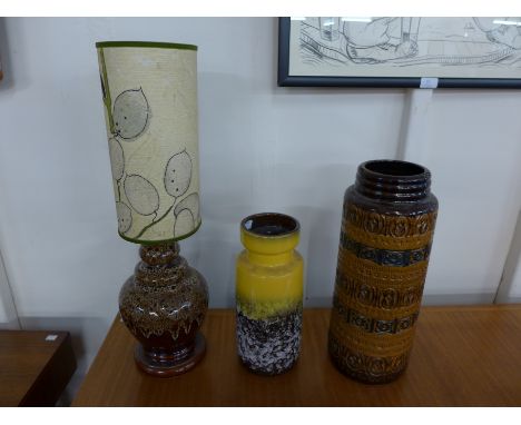 Two West German glazed vases and a table lamp