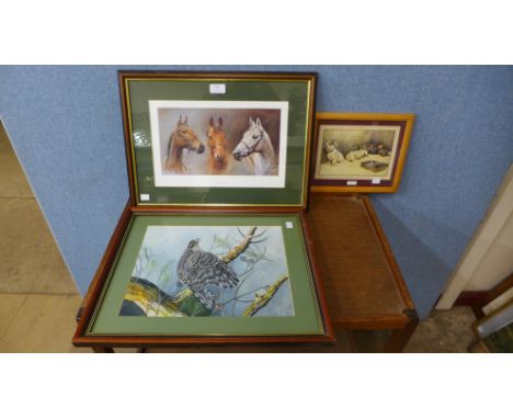 A We Three Kings print, a watercolour of a bird of prey and another print