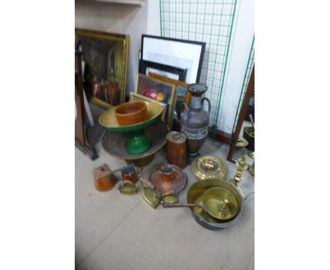 Assorted metal wares, brass table lamp, two oil paintings and prints, etc.