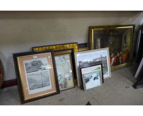 An interior scene print, five locomotive prints, map of Essex, mirror and two gilt picture frames