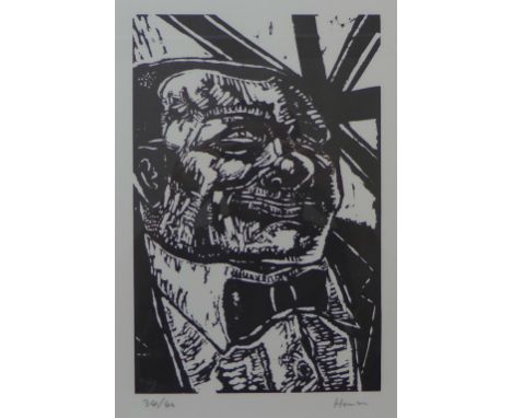 A signed Peter Howson woodcut print, untitled, no. 34/40, 30 x 20cms, framed