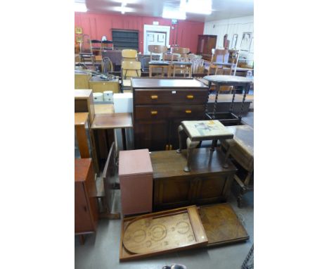A bagatelle board, linen box, stool, blanket box and tallboy, etc.